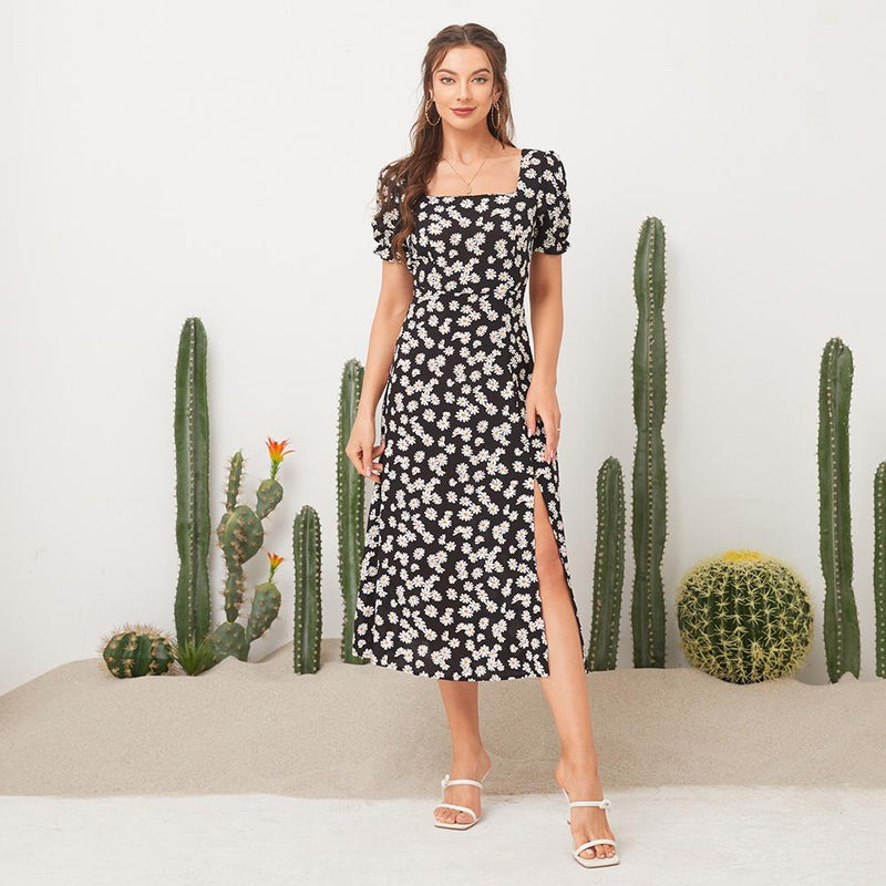 Vestido Midi Fenda Estampa Floral - Moda Verão