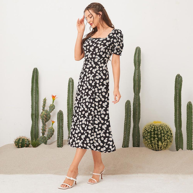 Vestido Midi Fenda Estampa Floral - Moda Verão