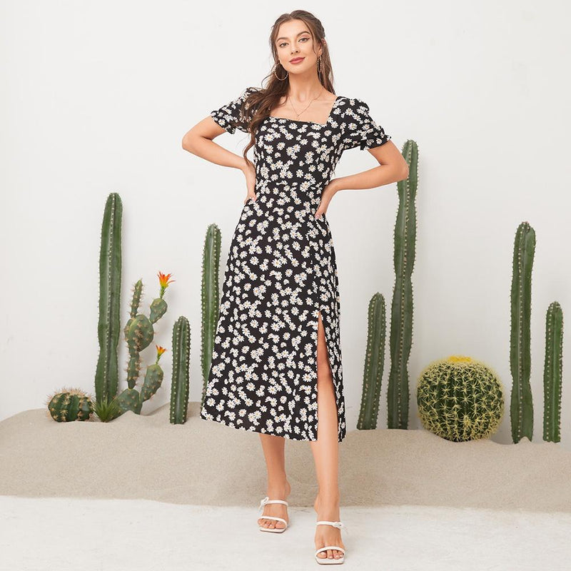 Vestido Midi Fenda Estampa Floral - Moda Verão